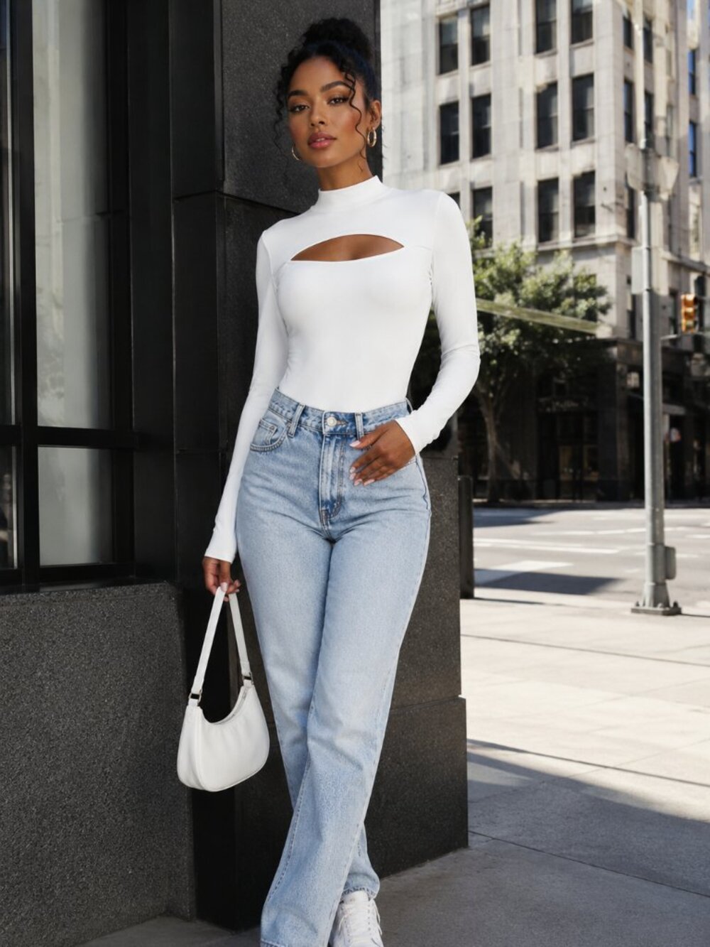 SHEIN Cutout Mock Neck Bodysuit White SM or XS Long Sleeve Stretch Y2K Club Top